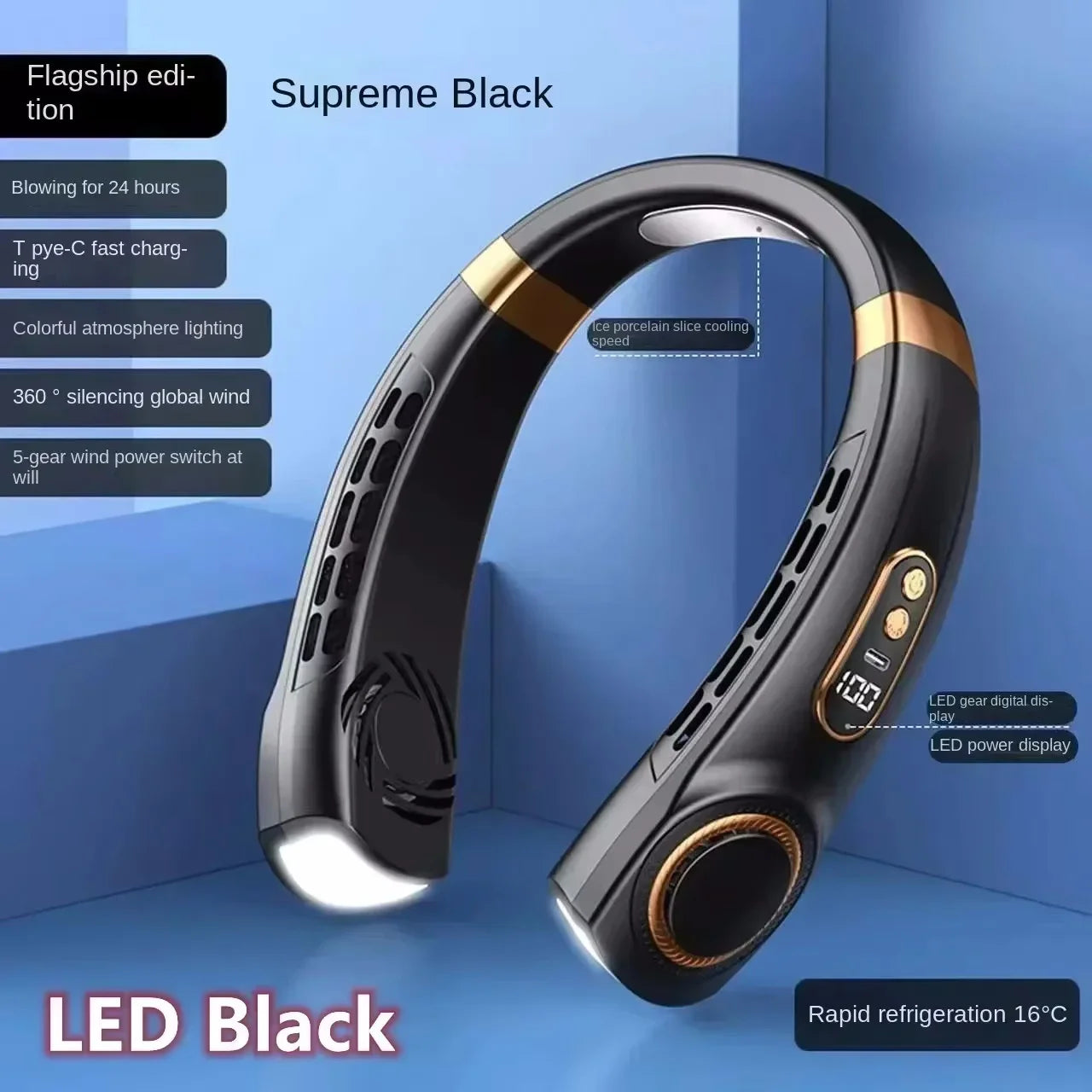 Ventilateur portable USB 8000 mAh à suspendre au cou, sans pales, mini, rechargeable, silencieux, avec affichage numérique LED, rafraîchisseur d'air électrique portatif