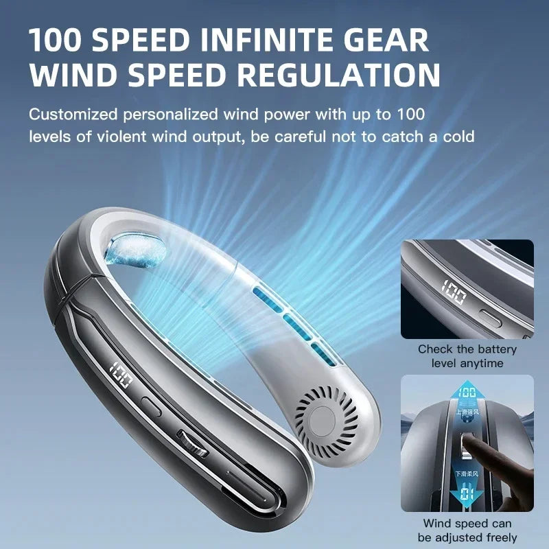 Ventilateur portable USB 8000 mAh à suspendre au cou, sans pales, mini, rechargeable, silencieux, avec affichage numérique LED, rafraîchisseur d'air électrique portatif