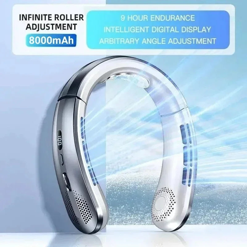 Ventilateur portable USB 8000 mAh à suspendre au cou, sans pales, mini, rechargeable, silencieux, avec affichage numérique LED, rafraîchisseur d'air électrique portatif