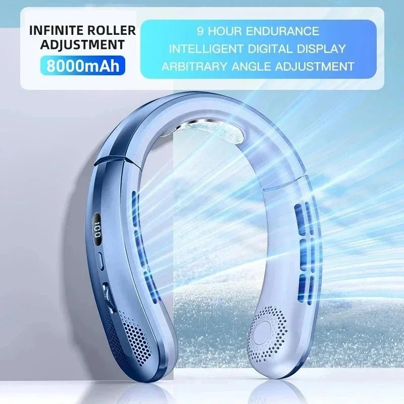 Ventilateur portable USB 8000 mAh à suspendre au cou, sans pales, mini, rechargeable, silencieux, avec affichage numérique LED, rafraîchisseur d'air électrique portatif